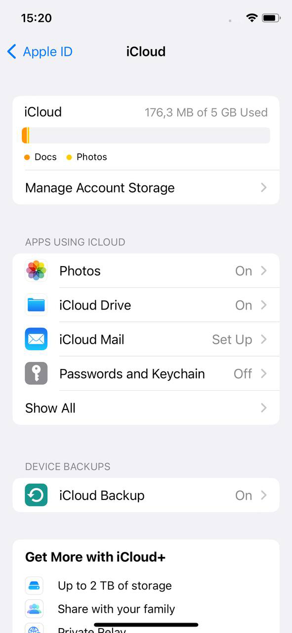 iPhone's iCloud menu