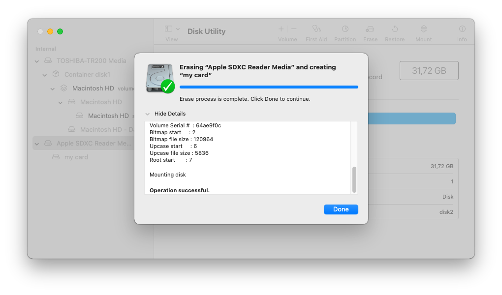 formatting sd card on mac successful