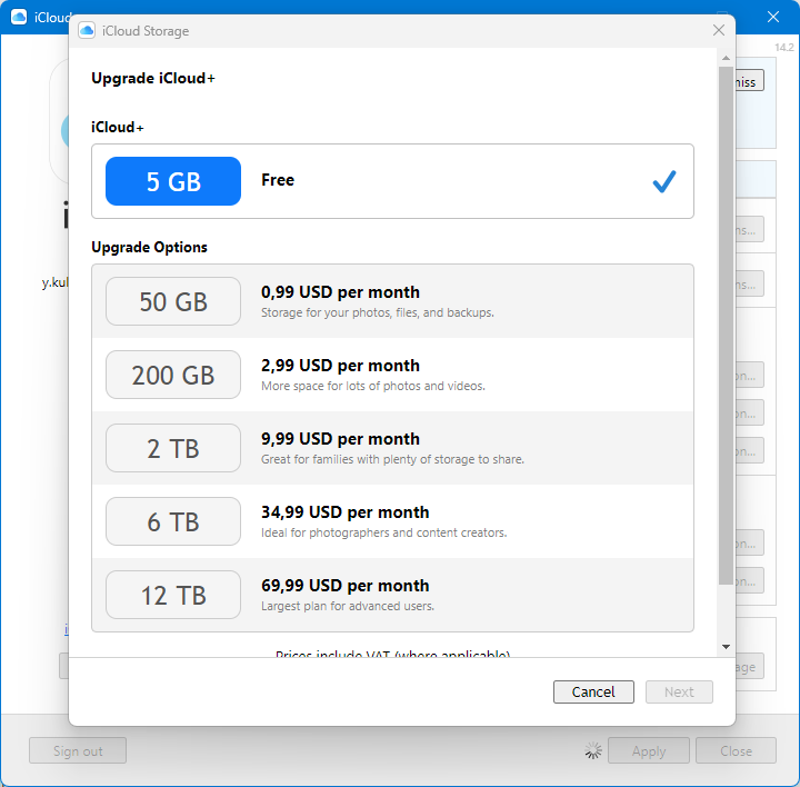 buy more icloud storage on Windows