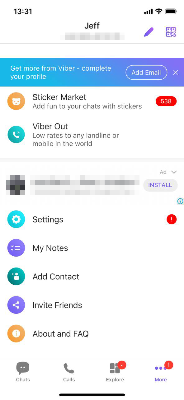 'more' tab in viber