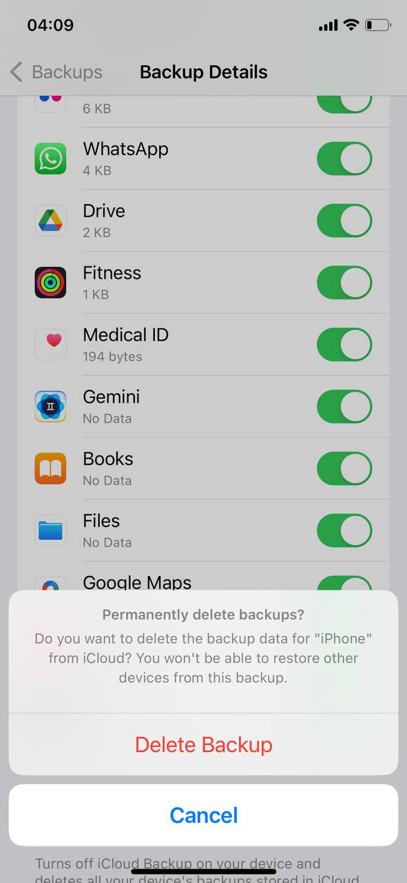 delete icloud backup