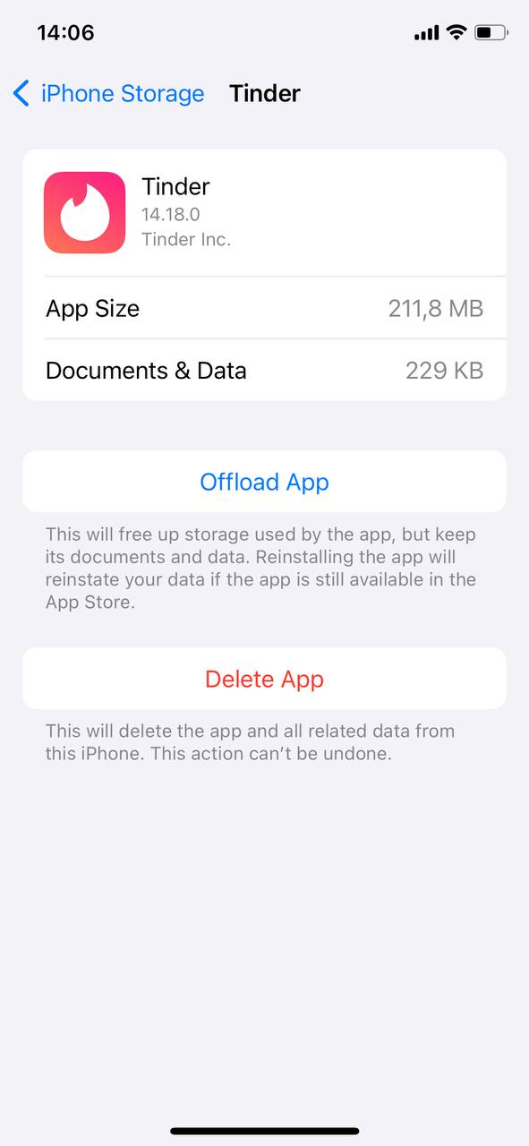 tinder storage details