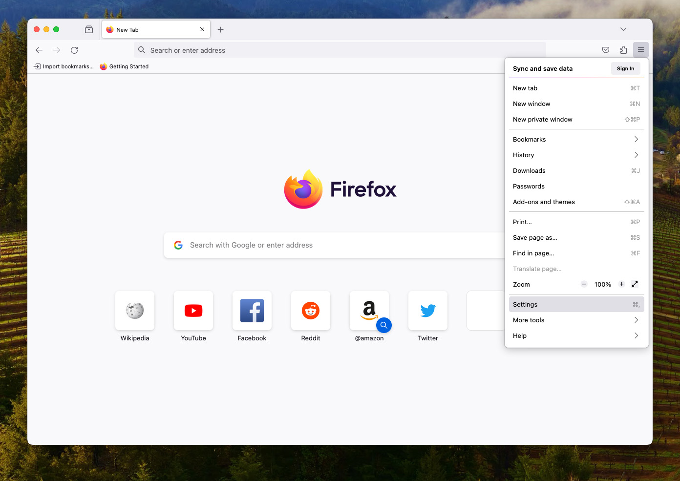 open firefox settings