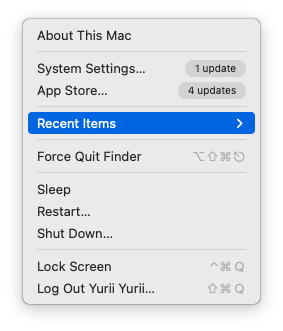 select reecent items in apple menu